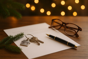Real estate contract with house keychain, pen, and eyeglasses on wooden desk, decorated with soft Christmas lights and evergreen branch. Warm festive atmosphere in elegant business setting, 8k photo.