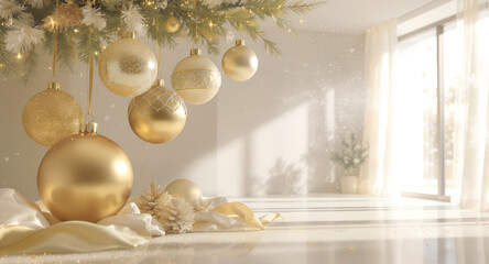 Elegant Christmas composition with golden ornaments and soft sunlight in bright modern interior. Minimal festive decoration creating luxury and warm holiday atmosphere.