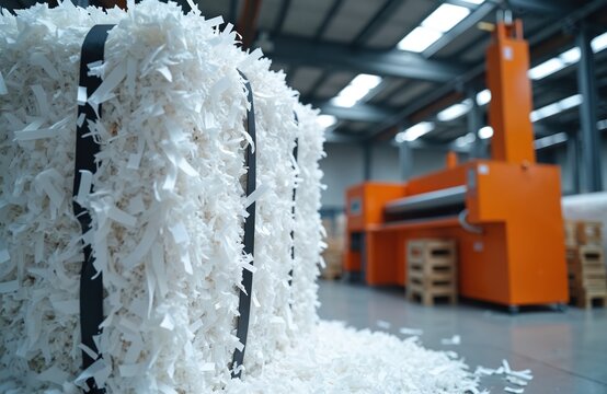 Bales of shredded white paper sit in factory ready for pulping. Industrial shredding machine processes waste materials. Recycling plant transforms rubbish into reusable resources for eco friendly