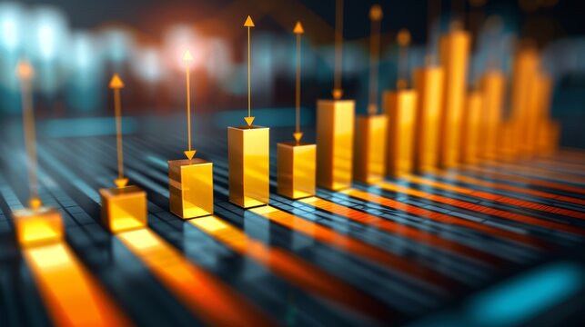 Glowing 3d bar and line charts on dark background for financial market data analysis