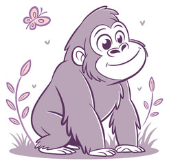 Obraz premium Adorable cartoon gorilla sitting peacefully smiles at a nearby butterfly surrounded by plants