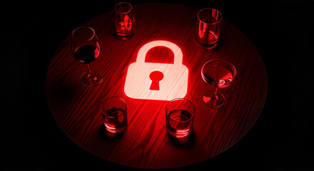 Red illuminated padlock symbol on wooden table surrounded by empty glasses, representing the struggle with alcoholism and the need for recovery and support in overcoming addiction
