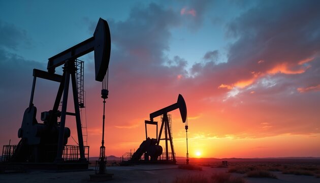 Pump jacks extract crude oil from ground on oilfield. Industrial oil pumps against sunset sky. Petroleum industry machinery silhouette extracts fossil fuels. Global energy crisis amid rising prices.
