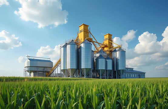Modern grain elevator stands tall in vibrant green corn field. Silver storage silos, yellow processing structures dominate landscape. Large agro industrial facility handles, dries, stores diverse