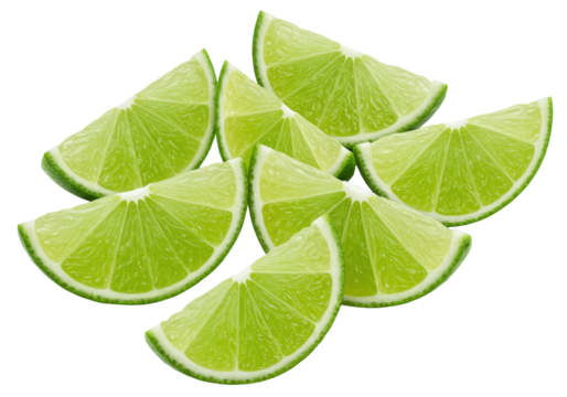 freshly cut vibrant emerald green lime slices and wedges, with translucent pulp and dew drops, against a seamless transparent background, ample copy space. Concept for fresh ingredient advertising