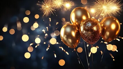 Golden balloons float vividly against a dark background, enhancing the lively atmosphere. The balloons stand bright as fireworks burst above, marking a joyful celebration. - Powered by Adobe