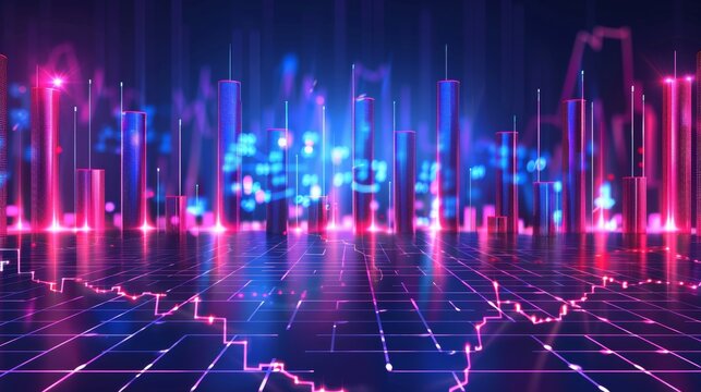 Dynamic financial market analysis with illuminated 3d charts displaying economic trends and growth