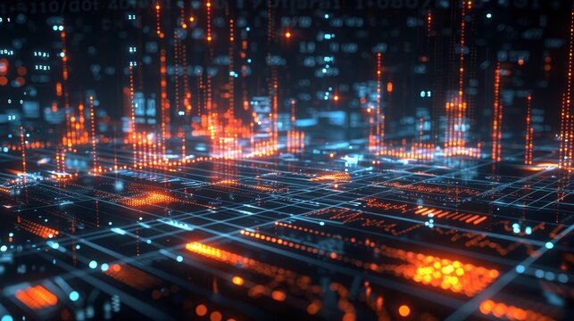 3d bar and line charts on dark background illustrating financial market data and economic trends