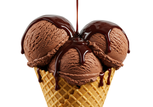 Three scoops dark chocolate ice cream, melting syrup dripping down crisp golden-brown waffle cone, transparent background, photorealistic macro shot, decadent sweet indulgence concept