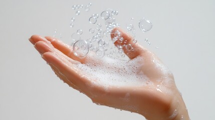 Fototapeta premium A hand is holding a bottle of soap and water. The soap bubbles are coming out of the bottle and are in the air