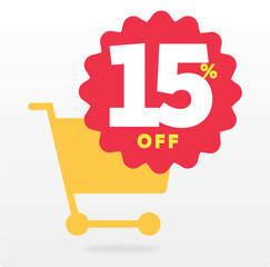 15% off, special, market, promo, sale, shopping cart, sign, retail, store, advertising, advertisement, discount, offer, clearance, tag, market, banner, shape. Vector, set, icon, design, poster