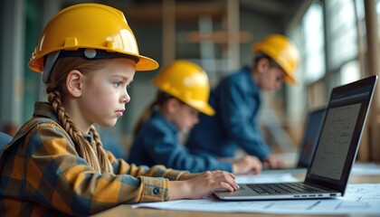 Focused girl in hard hat studies laptop. Children learn engineering with computers. Kids use tech for education. Group studies construction. Future tech jobs, learning stem. Development, digital