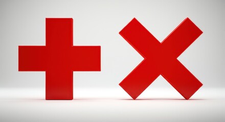 A large, bold, red cross symbol prominently displayed against a pure, clean, white background, conveying negation, error, or failure ,background ,minimalist ,bold