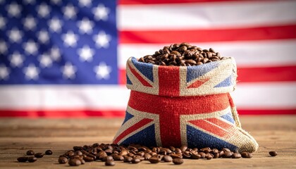 "Coffee beans in a UK-themed sack with a blurred U.S. flag backdrop, symbolizing transatlantic trade and cultural exchange."