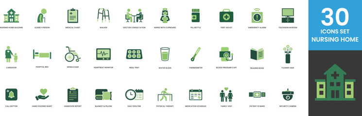 30 Nursing Home Care Icons Set Elderly Medical Chart Walker Doctor Consultation Nurse Pill Bottle First Aid Emergency Alarm Hospital Bed Wheelchair Heartbeat