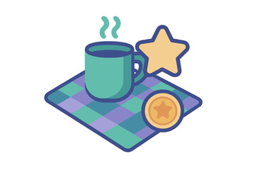 Steaming hot beverage mug on a checkered mat with a large star and reward coin icon
