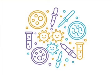 Circular composition of microbiology laboratory equipment and cute cartoon germs
