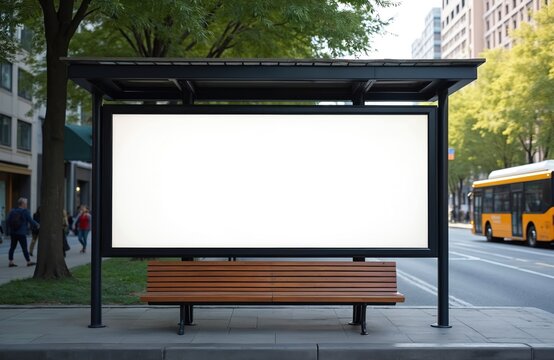 Blank white screen on city bus stop billboard for ad message. Wooden bench sits below, awaiting passengers. Yellow bus drives past on busy street. Urban transit shelter backdrop.