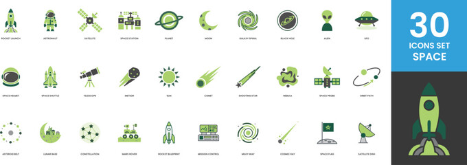 Space Exploration Icon Set Astronaut Rocket Launch Satellite Planet Moon Galaxy Black Hole Alien UFO Space Helmet Shuttle Telescope Meteor Sun Comet Nebula
