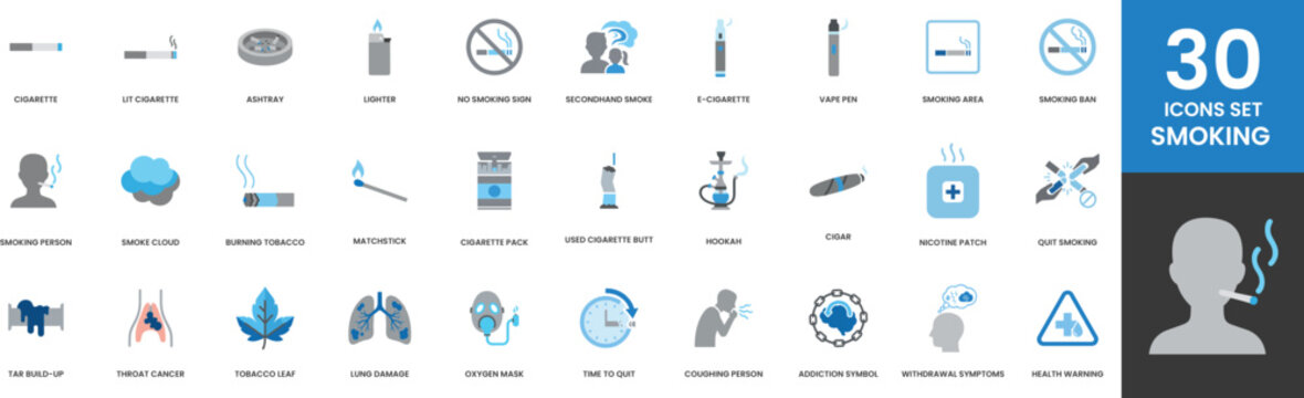 Smoking and Vaping Icon Set 30 Flat Symbols for Cigarettes Lighters Ashtrays Secondhand Smoke No Smoking Signs E Cigarette Vape Pen Hookah Nicotine Patch