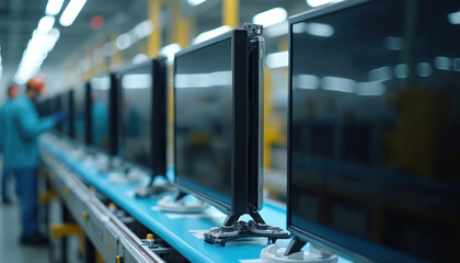 Assembly line workers build flat screen TVs on a factory floor. Rows of monitors move along a conveyor belt, undergoing electronic assembly and inspection for quality.