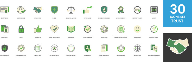 Trust and Security Icon Set 30 Icons for Authentication Legal Agreement Verification Handshake Certificate Shield Lock Payment Safety Support User Verified