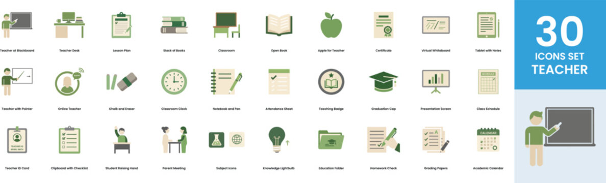 30 Icons Set Teacher Education Concept Graphic Symbols Teacher at Blackboard Desk Lesson Plan Books Classroom Open Book Apple Certificate Virtual Whiteboard