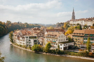 Naklejka premium Riverside view of Bern old town in autumn, Switzerland