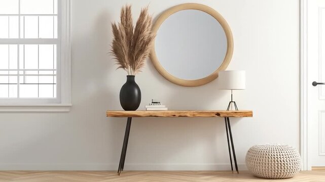 Modern minimal entryway with wood console table mirror and pampas grass decor