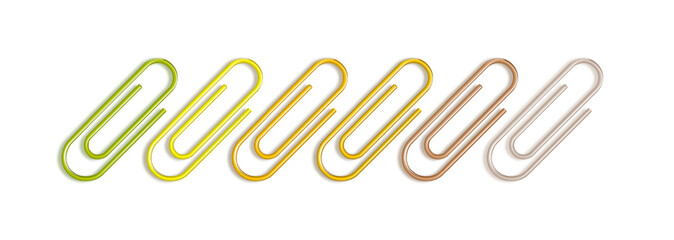 3D Rainbow glossy Paper clip emoji icon set. Office School paperclips. Cartoon design objects. Vector