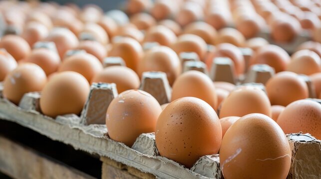 A large number of brown eggs arranged in cartons. The scene showcases a farm setting with eggs ready for distribution. Natural lighting enhances the freshness.