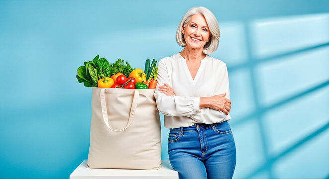 Senior woman with gray hair stands confidently beside a reusable shopping bag filled with fresh vegetables and fruits, showcasing healthy lifestyle choices and vibrant produce - Powered by Adobe