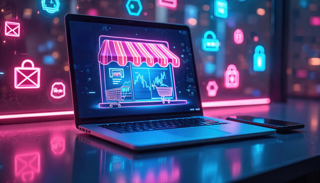 Laptop screen displays neon online store with shopping cart. Holographic icons symbolize digital retail, secure web payment. Futuristic e-commerce concept shows global transactions, marketing data,