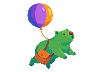 Obraz premium Cute green animal character flying with a large colorful balloon and wearing a small satchel bag