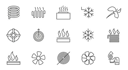 Collection of HVAC and climate control icons representing heating cooling and ventilation systems. EPS Editable