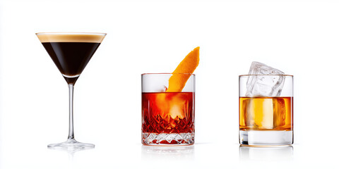 Elegant lineup of classic cocktails on white background. Espresso Martini, Negroni and Whiskey on the Rocks, minimalist mixology photography with reflection and copy space