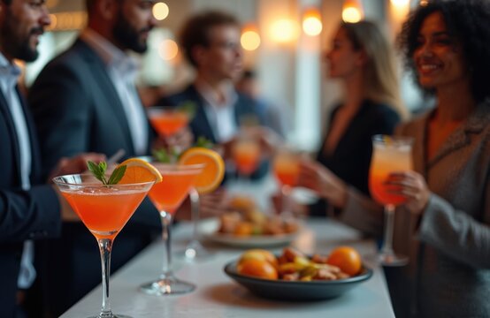 Business professionals socialize at bar. Hold vibrant cocktails, appetizers during corporate networking event. Diverse group of men, women chat, relax, enjoy evening drinks in modern lounge. Friends,