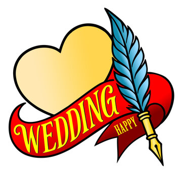 Happy Wedding Heart Logo with Feather Pen &ndash; Romantic Vector Illustration