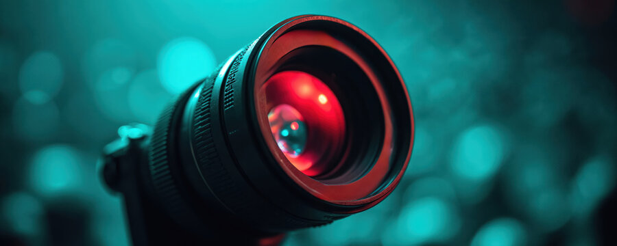 Camera lens with bright red reflection in dark blue background. Sharp focus on lens detail. Blurred audience lights create bokeh effect. Pro photography equipment close-up. High tech optics.
