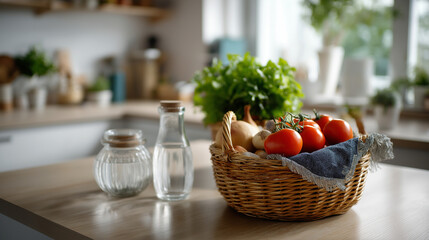 Defocused still life of a basket of organic produce and reusable glass containers, calm Scandinavian kitchen style, with copy space
