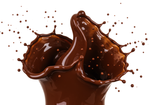 Dynamic splash of rich, glossy, dark brown molten chocolate liquid captured in high-speed, individual droplets, against a transparent studio background with copy space, concept for premium dessert