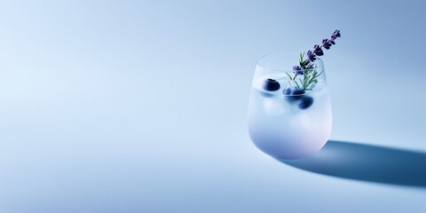 Elegant lavender and blueberry mocktail in minimalist composition with long shadow on soft blue background. Calm and sophisticated wellness drink concept