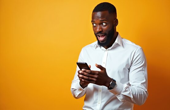 African american man reacts with surprise to phone notification. Male person holds smartphone, looks shocked and mouth open. Adult surprised by tech news in studio.