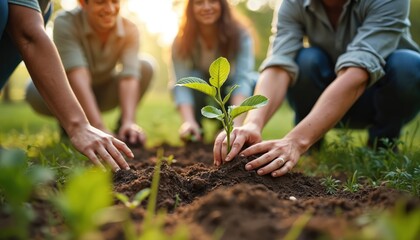 Group of diverse people plant a tree together outdoors. Team volunteers working on eco project for environment. Employees care for nature and show earth protection.