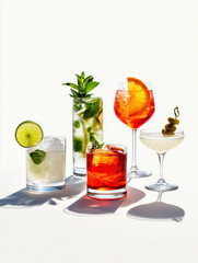 Minimalist lineup of classic summer cocktails including Margarita, Mojito, Negroni, Aperol Spritz and Martini. Bright natural light with elegant shadows and white background