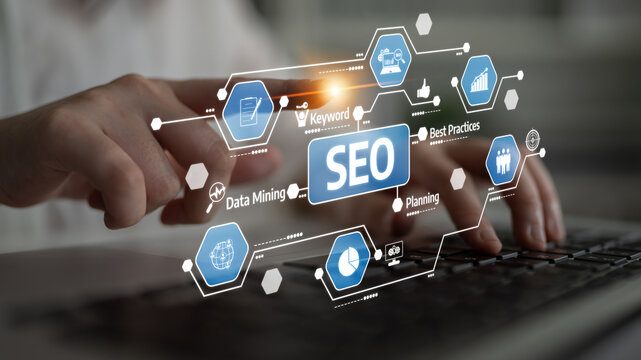 A close-up view of hands typing on a laptop keyboard, with a digital overlay depicting SEO strategies, data mining, and keyword planning for effective online marketing. Tessel