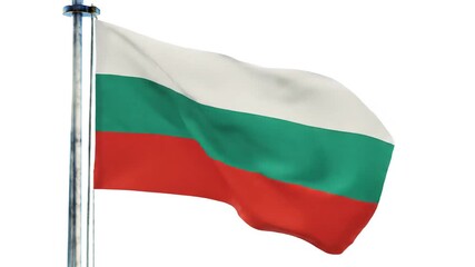 The national flag of Bulgaria featuring horizontal stripes of white green and red proudly waves on a flagpole against a clear white background symbolizing national identity and sovereignty.
