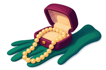 Luxurious string of pearls resting inside an open burgundy presentation box held by stylized green hands