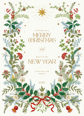 The Greeting card. Botanical vintage illustration. Happy holidays. colorful 