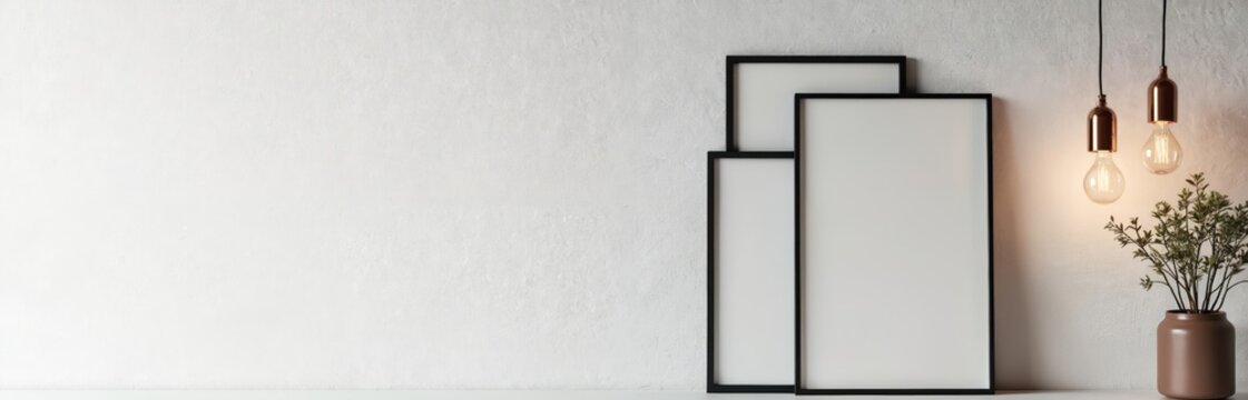 Bright stone wall interior with minimalist design, modern hanging lamp. Three blank picture frames hang on textured surface. Warm light illuminates simple room setting, ideal for home decor concepts.